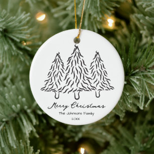 Black Christmas Trees Doodles 1 Photo Merry Joyful Ceramic Ornament