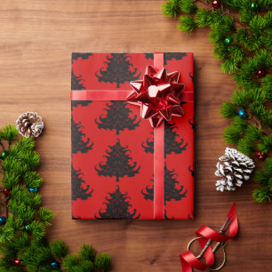 Black Christmas Trees Pattern Red Wrapping Paper
