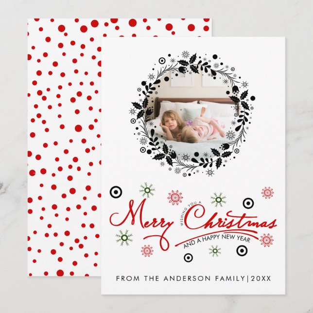 Black Christmas wreath, script typography photo Holiday Card (Front/Back)