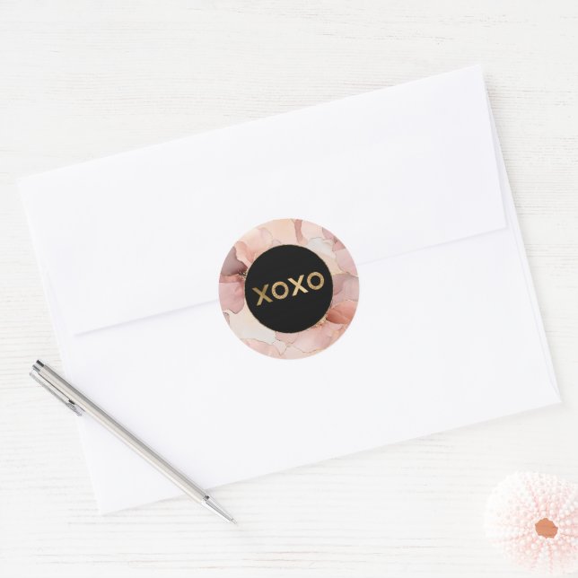Black Circle Blush Pink Floral Gold Glitter XOXO Classic Round Sticker (Envelope)
