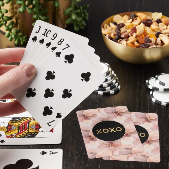 Black Circle Blush Pink Floral Gold Glitter XOXO Playing Cards (In Situ)