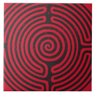 Black Circle Labyrinth (Red) Fine Art Tile