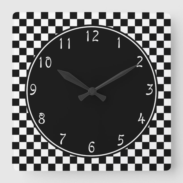Black circle White Chequerboard pattern Square Wall Clock (Front)