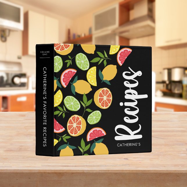 Black Citrus Lemon Orange Pattern Add Name Recipes Binder (Creator Uploaded)