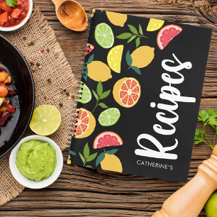 Black Citrus Lemon Orange Pattern Add Name Recipes Notebook