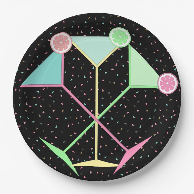 Black Citrus Martini Cocktail Confetti Party Paper Plate (Front)