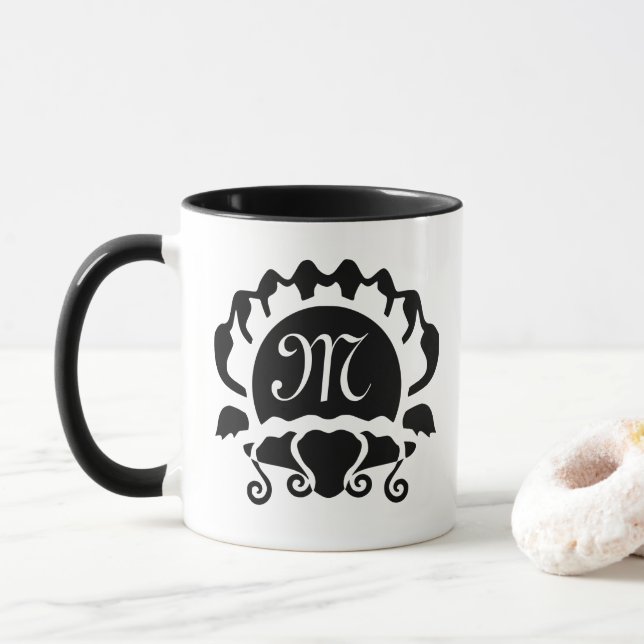 Black Clam Silhouette Monogram Mug (With Donut)
