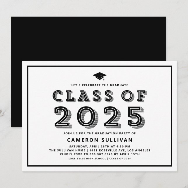 Black Class of 2025 Cap Retro Graduation Invitation (Front/Back)