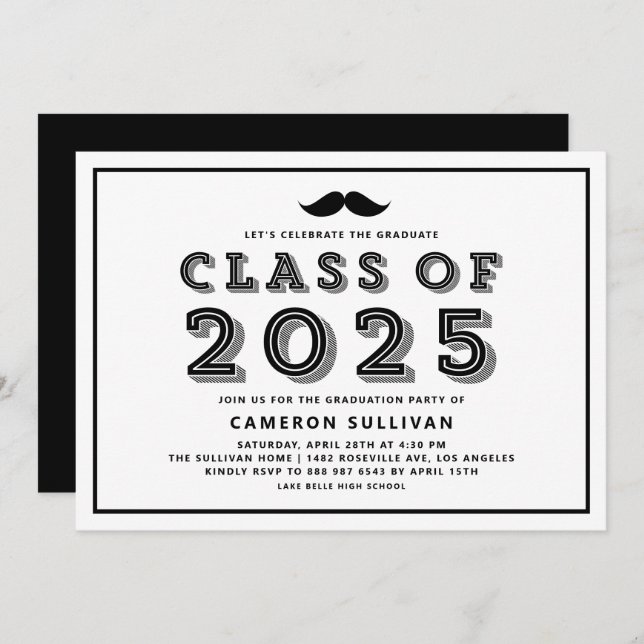 Black Class of 2025 Moustache Retro Graduation Invitation (Front/Back)