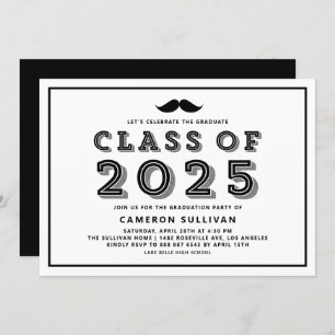 Black Class of 2025 Moustache Retro Graduation Invitation