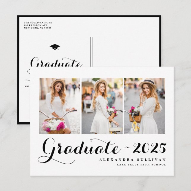 Black Class of 2025 Photo Collage Graduation   Announcement Postcard (Front/Back)