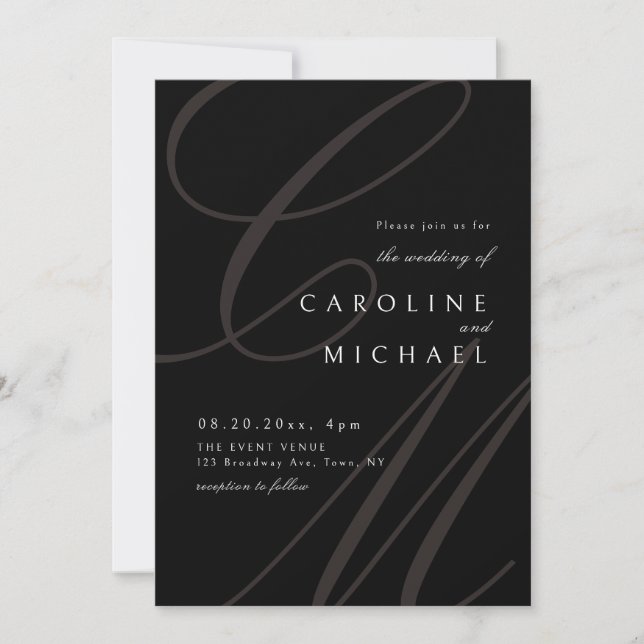 Black Classic Elegant calligraphy monogram wedding Invitation (Front)