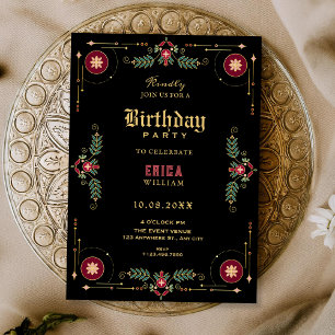 Black classic floral birthday invitation
