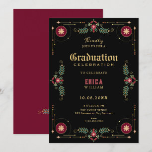 Black classic floral graduation invitation
