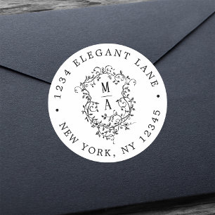 Black Classic French Floral Crest Return Address  Round Sticker