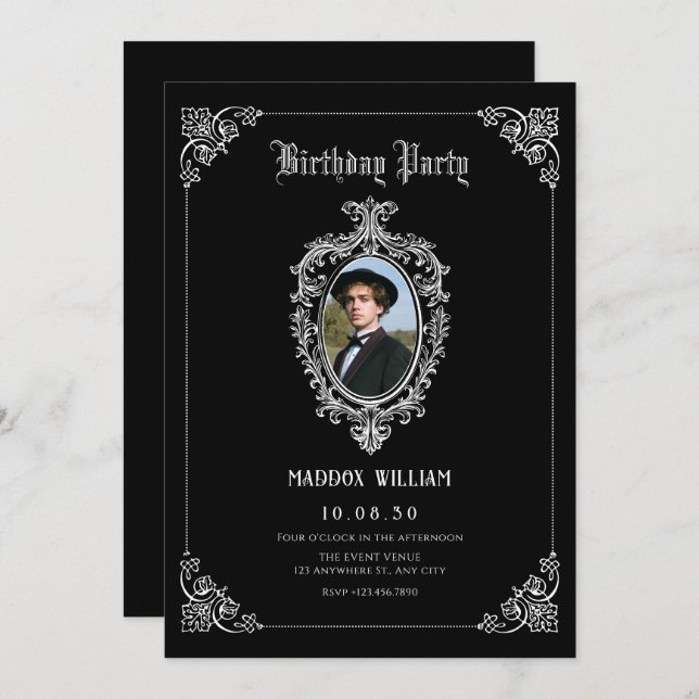Black Classic gothic photo birthday Invitation (Front/Back)