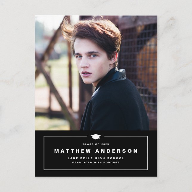 Black Classic Graduation Cap Photo Graduation Announcement Postcard (Front)
