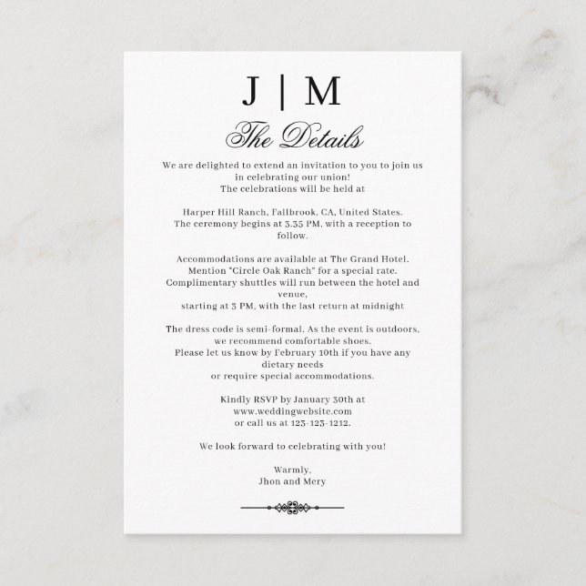 Black & Classic Monogram Wedding Reception Enclosure Card (Front)