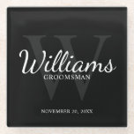 Black Classic Script Personalized Groomsmen Glass Coaster<br><div class="desc">Add a personal touch to your wedding with personalized groomsmen glass coaster. This coaster features personalized groomsman's name in white classic script font style with wedding details in white classic serif font style and monogram in grey classic serif font style as background, on black background. Also perfect for best man,...</div>