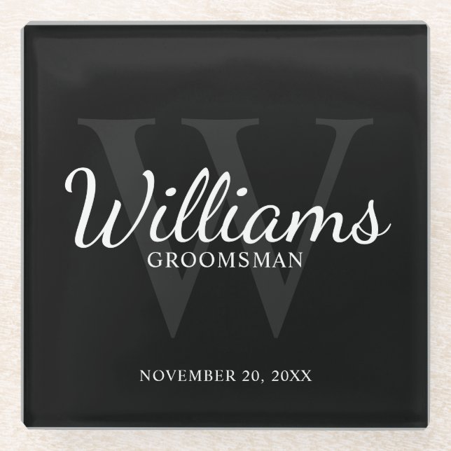 Black Classic Script Personalized Groomsmen Glass Coaster (Front)