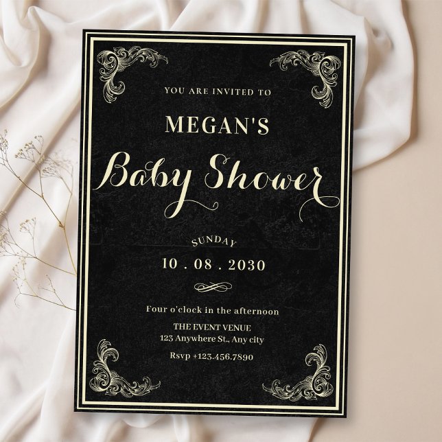 Black classic vintage elegant baby shower  invitation (Creator Uploaded)