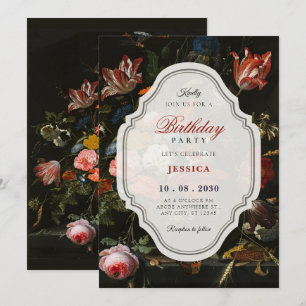 Black classic vintage floral bouquet birthday invitation