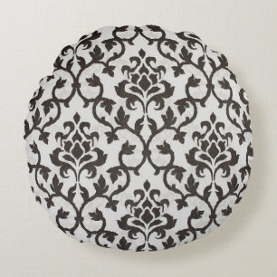 Black classical damask wallpaper pattern round pillow