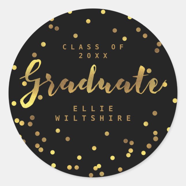 Black Classy Graduate Faux Gold Foil Confetti Classic Round Sticker (Front)