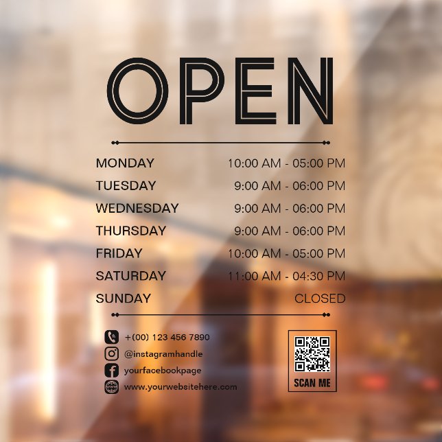 Black Clean Practical Opening Hours Qr Code Window Cling (Sheet 2)