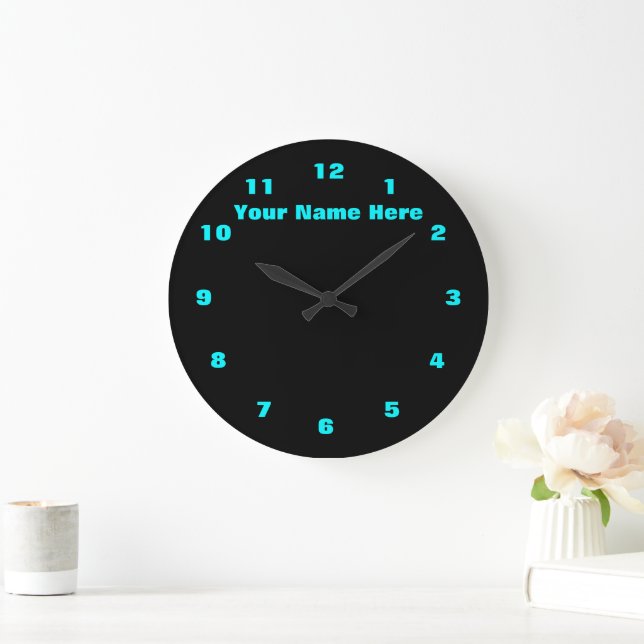 Black Clock with Aqua Blue Numbers and Custom Text (Home)
