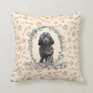 Black Cockapoo Dog Paw Print & Floral Cute Throw Pillow