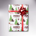 Black Cocker Spaniel, Bird, and Christmas Tree Wrapping Paper<br><div class="desc">The repeated pattern on this cute Christmas wrapping paper is an image of an adorable black Cocker Spaniel wearing a Santa hat and red bow. The dog sits among brightly wrapped gift packages beside a decorated Christmas tree. A bullfinch bird is landing on the tree behind it. Stylized red and...</div>