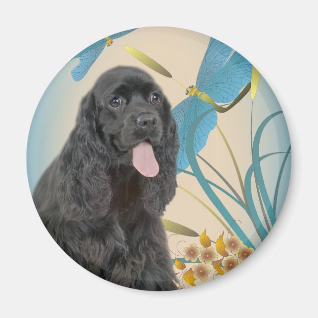Black Cocker Spaniel et Dragonflies Magnet (Devant)