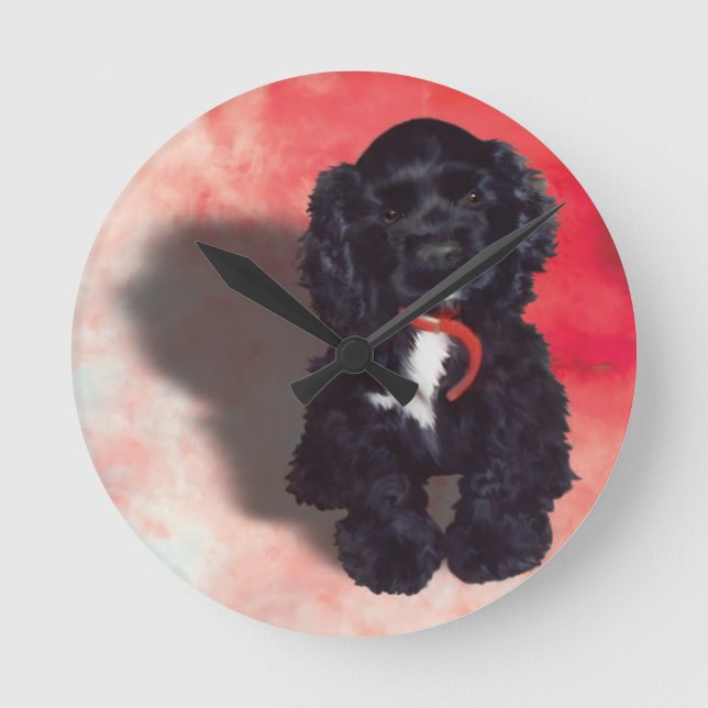 Black Cocker Spaniel Puppy - Abby Round Clock (Front)