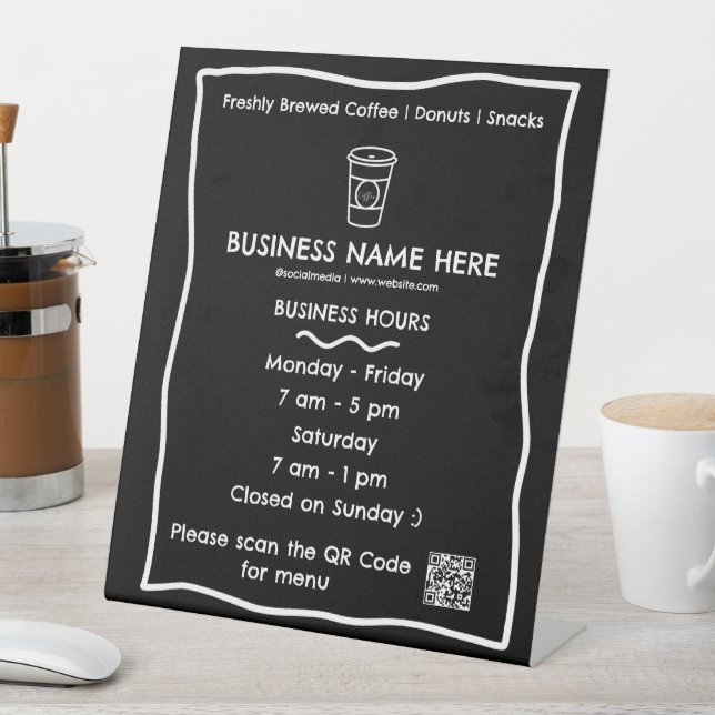 Black Coffee Cup Café Opening Hours QR Code Pedestal Sign (In SItu)