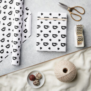 black coffee cup pattern with black hearts wrapping paper