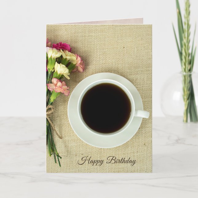 black coffee in cup with carnations on burlap card (Front)