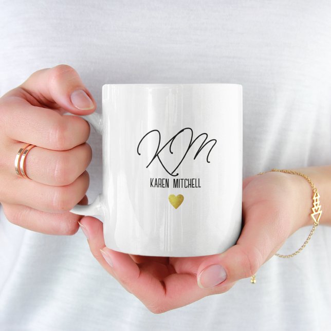 Black Coffee Mug Monogrammed with Love Heart  (elegant & monogrammed)