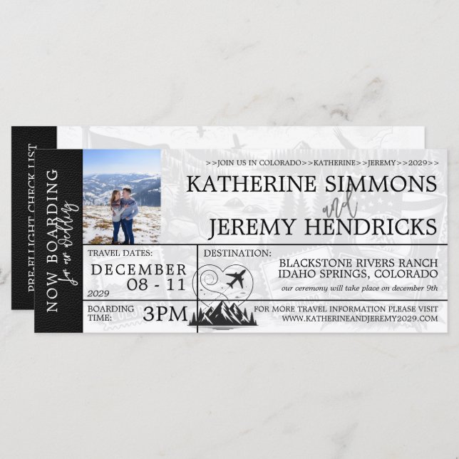 Black Colorado Mariage Boarding Pass Invitation (Devant / Derrière)
