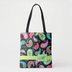 Black Colorful Modern Paisley Pattern Monogram Tote Bag