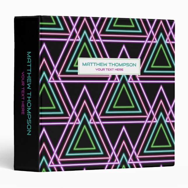 Black Colorful Retro 80's Neon Geometric Triangles Binder (Front/Spine)