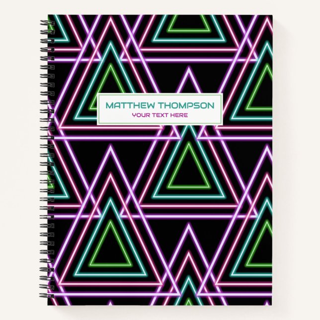 Black Colorful Retro 80's Neon Geometric Triangles Notebook (Front)