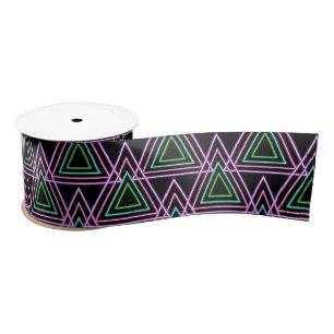 Black Colorful Retro 80's Neon Geometric Triangles Satin Ribbon
