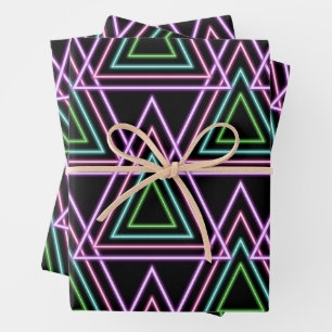Black Colorful Retro 80's Neon Geometric Triangles Wrapping Paper Sheet