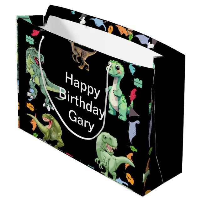 Black colour Background Dinosaur Birthday Party Large Gift Bag (Back Angled)