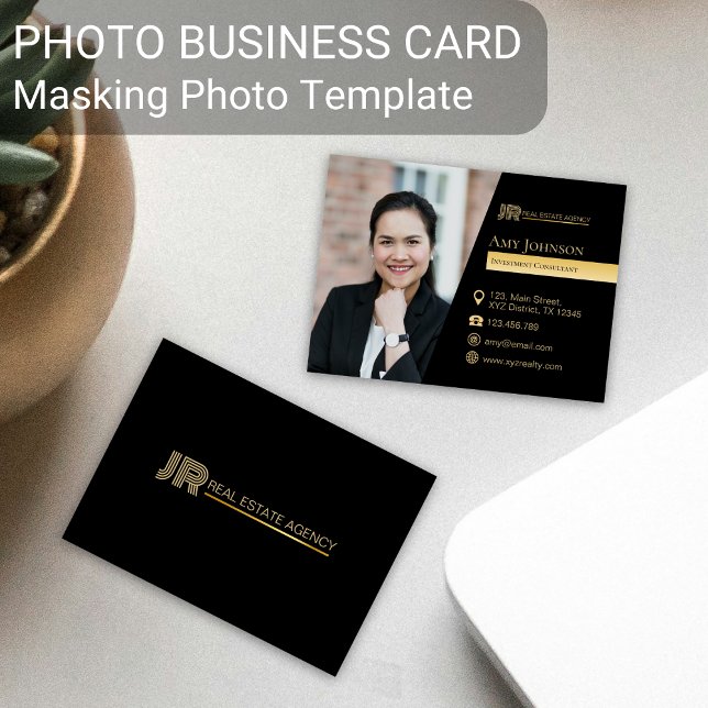 Black Colour Business Card, Masking Photo Template Card (Black gold color custom business card masking shape element design tool)