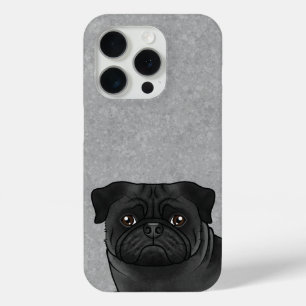 Black Colour Pug Breed Dog Head Close-up On Grey iPhone 15 Pro Case