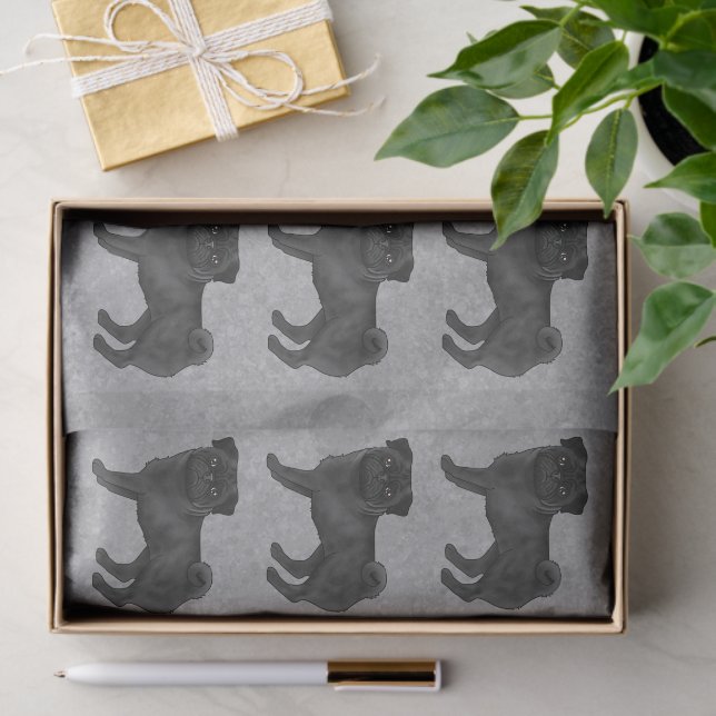 Black Colour Pug Mops Dog Breed Pattern On Grey Tissue Paper (Gift)