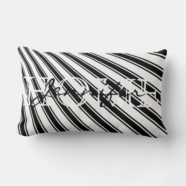 Black Colour Stripe Pattern Home Monogram Lumbar Pillow (Front)