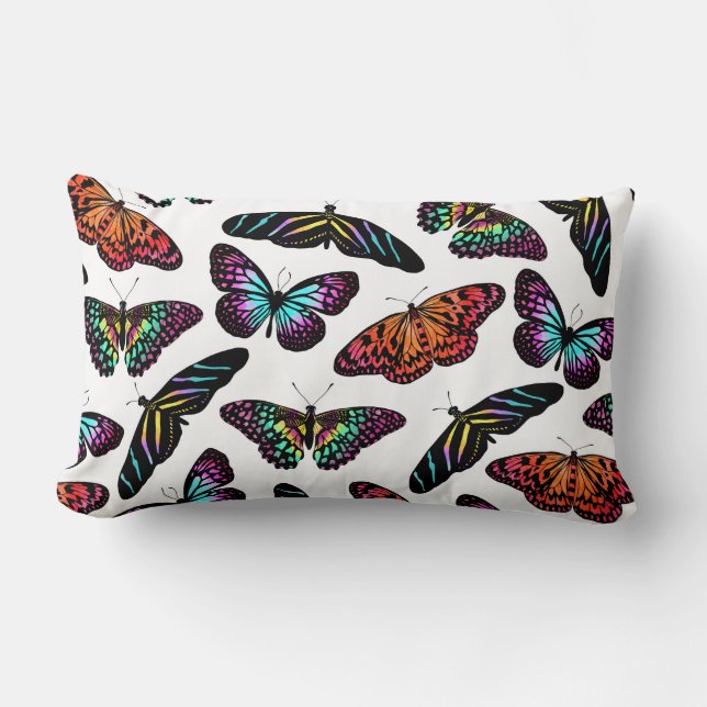 Black Colourful Butterflies Watercolor Pattern Lumbar Pillow (Front)